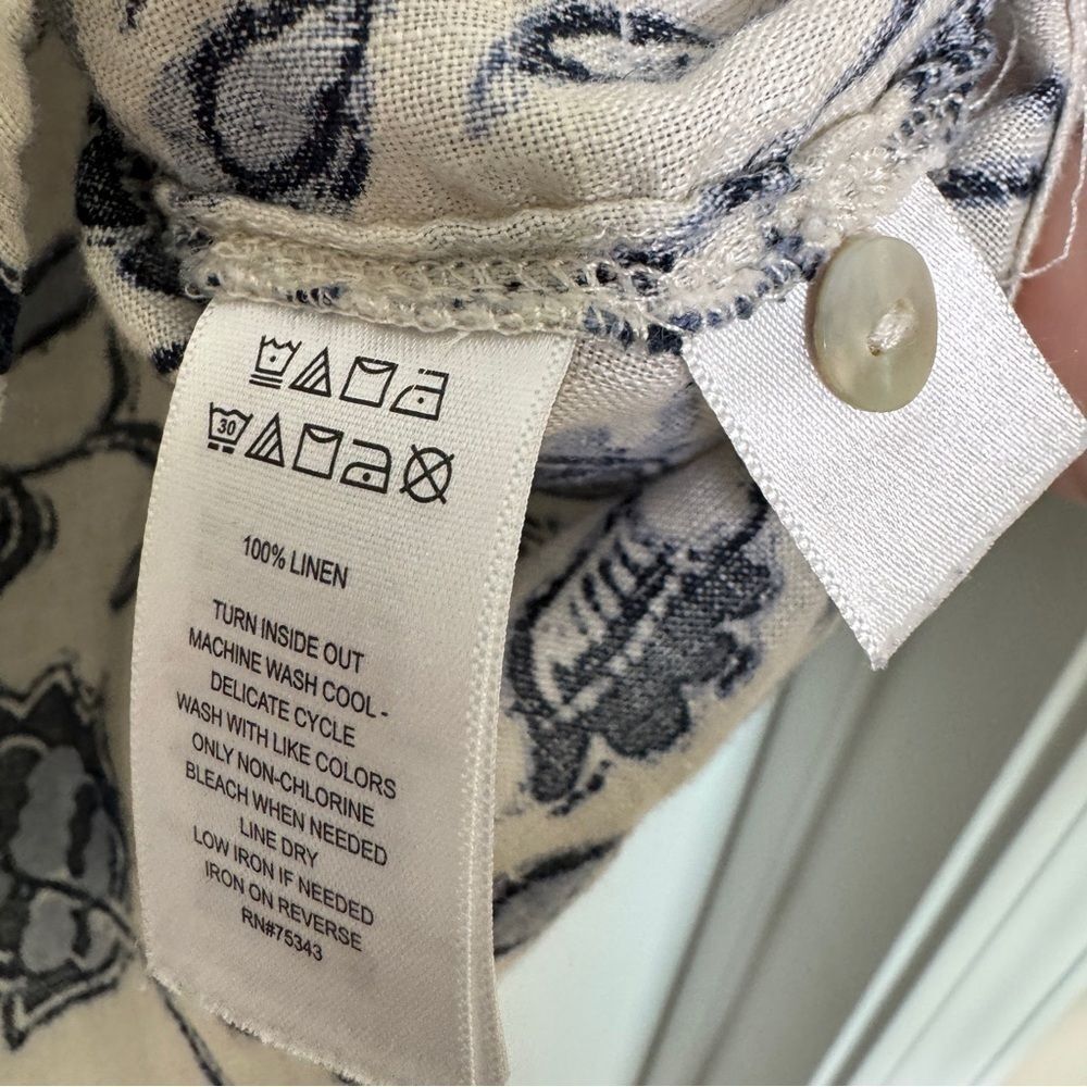 Linen Floral Shirt Coastal Chic Boho Resort Blouse Blue White Euro Summer Top - Picture 10 of 11